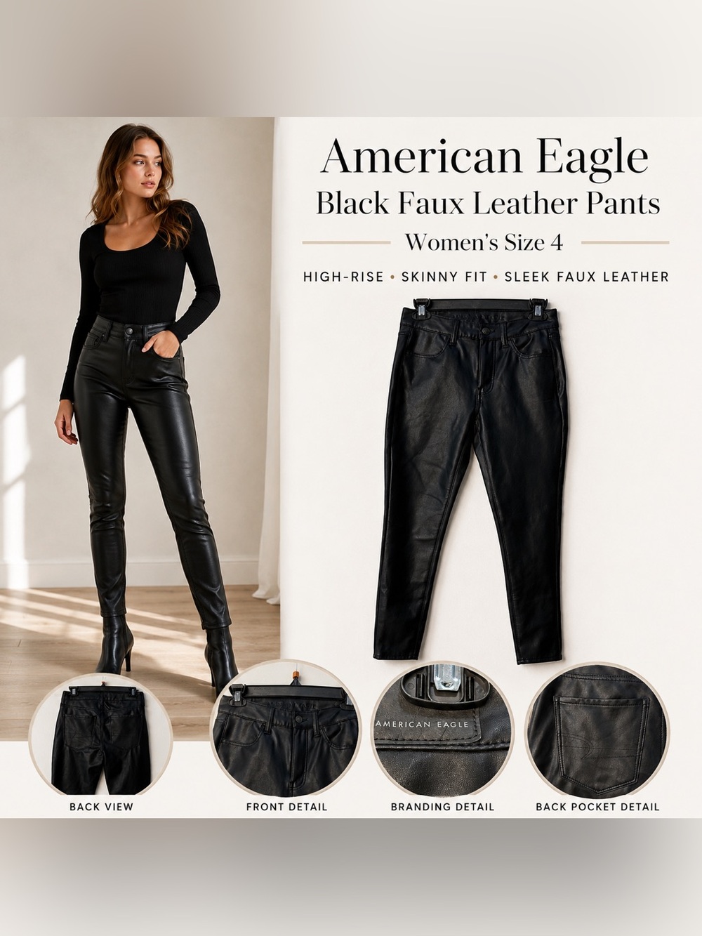American Eagle Black Faux Leather Skinny Pants Women’s Size 4